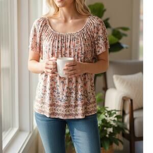 Style & Co Pleat Neck Knit Top Womens Size XL Peach Floral Boho Cottage Knit Tee